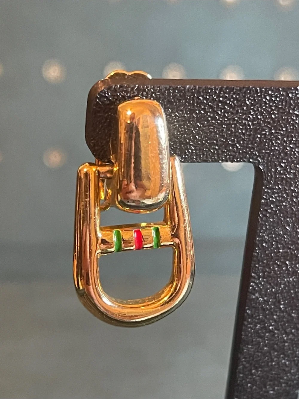 Vintage Paolo Gucci Stirrup Enamel Striped Door-Knocker Style Clip On Earrings